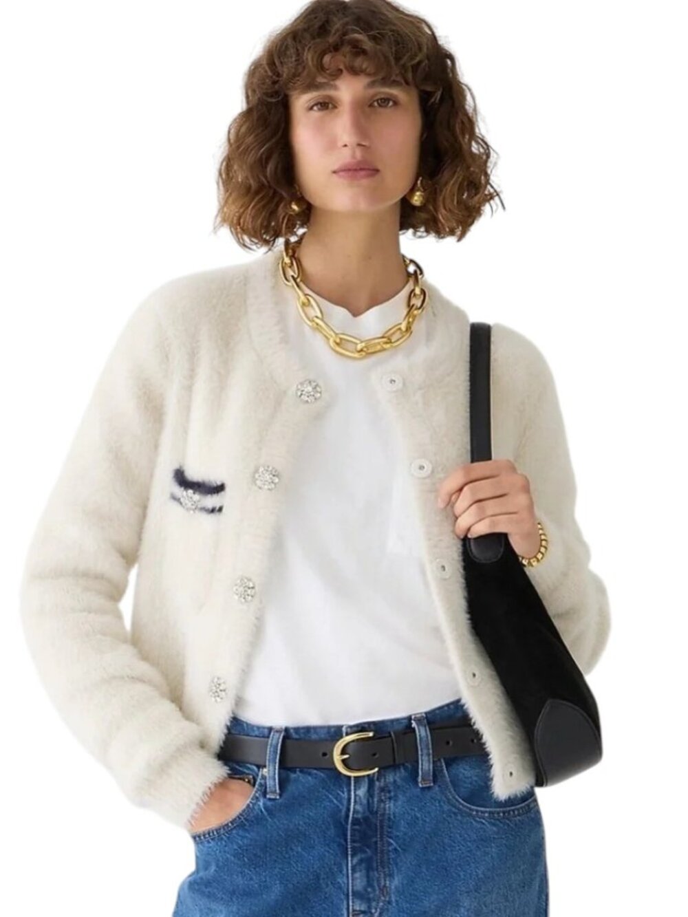 J.Crew Women's Large Sweater lady jacket in brushed yarn Beige Jewel Button